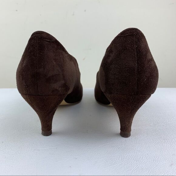 Vintage Paloma Brown Suede Pointy Toe Heels Satin Gold Circle Accent - Picture 11 of 13